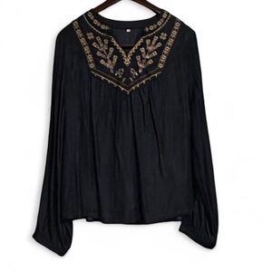 Embroidered Boho Blouse Size XXL navy blue